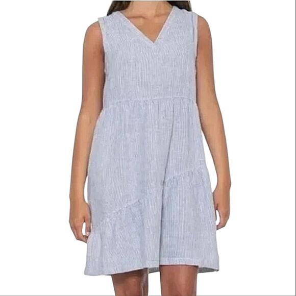 Lucky Brand Blue White Striped Breezy Linen Coastal Preppy Nautical Dress Large - Picture 1 of 8